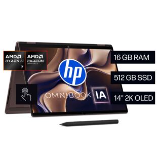 Laptop HP OmniBook X 14-kc0070la, AMD Ryzen AI 7, 16 GB RAM, 512 GB SSD, 14"" Táctil 2K OLED, Windows 11 Home