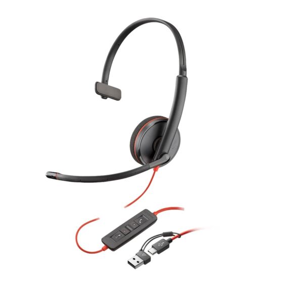 HP Poly Auriculares monoaurales USB-C Blackwire 3210 + adaptador USB-C/A (a granel) (8X214A6)