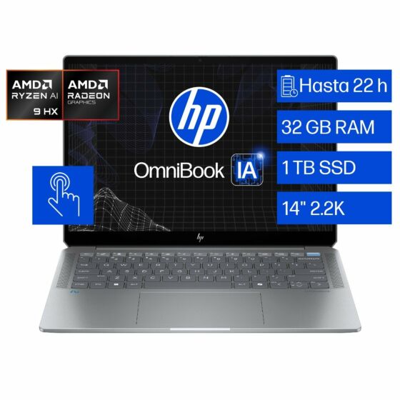 Laptop HP OmniBook Ultra 14-fd0001la, AMD Ryzen AI 9, 32GB RAM, 1 TB SSD, 14, Touch screen, 2.2K Windows 11 Home - 14