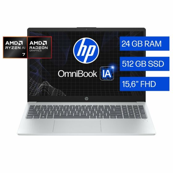 Laptop HP OmniBook 3 NGAI 15-fn0072la, AMD Ryzen™ AI 7, 24GB RAM, 512GB SSD, 15.6