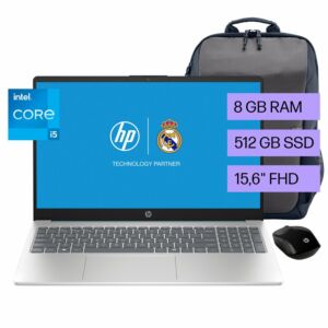 Laptop HP 15-fd0267la, Intel Core i5, 8 GB RAM, 512 GB SSD, 15.6" T&aacute;ctil FHD, Windows 11 Home + Mochila HP 15 Renew Travel & Mouse HP 200 Negro Inal&aacute;mbrico - 15.6" - Cubierta azul claro de luna, base y marco de teclado en plata natural (BC4T5LA)