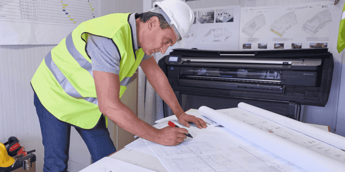 Arquitecto con un plano y una HP DesingJet
