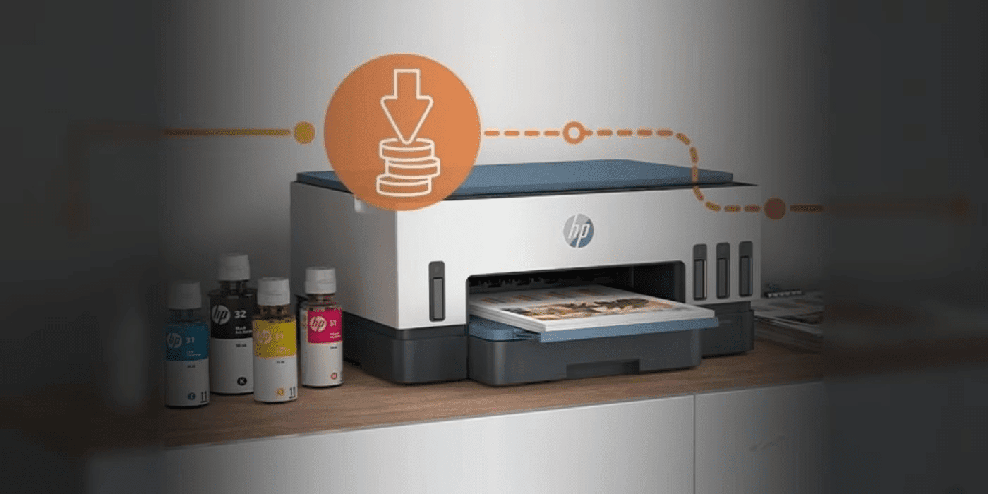 Imagen de una impresora HP Smart Tank con una ilulstración del ahorro en dinero.
